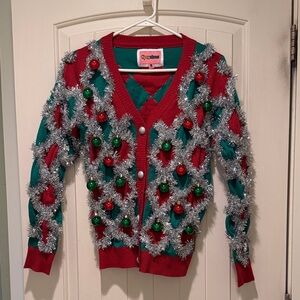 Tipsy Elves Red & Green V-Neck Holiday Ornament Cardigan Sweater NWOT